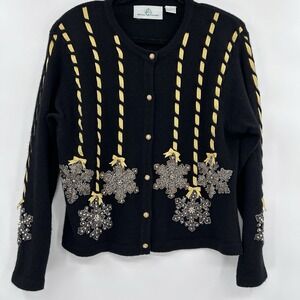 VTG Design Options Womens Lambswool Snowflake Sweater‎ Size M Black Gold Beaded